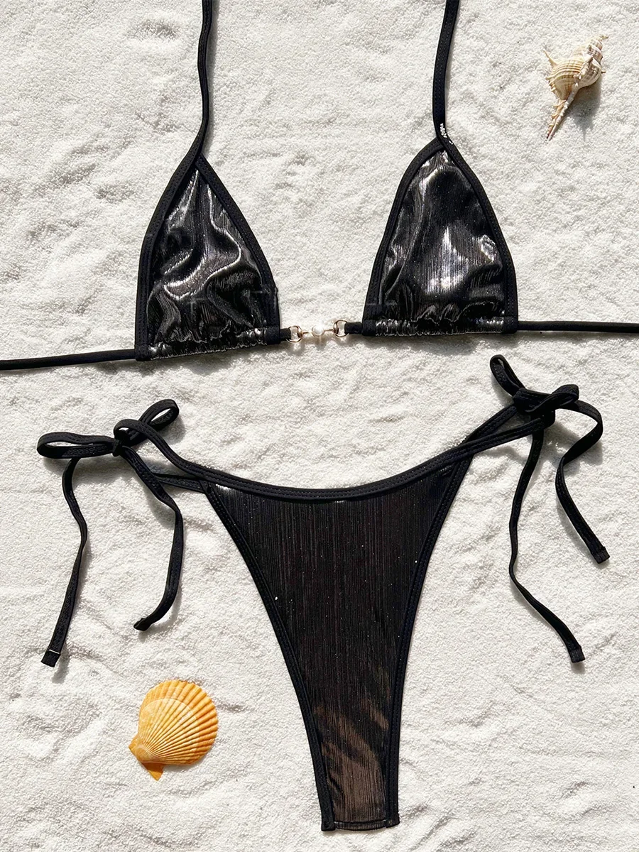 Halter Pearls Strappy Micro Thong Bikini Female Swimsuit Women Swimwear Two-pieces Bikini Set High Cut Bather Bathing Suit Swim