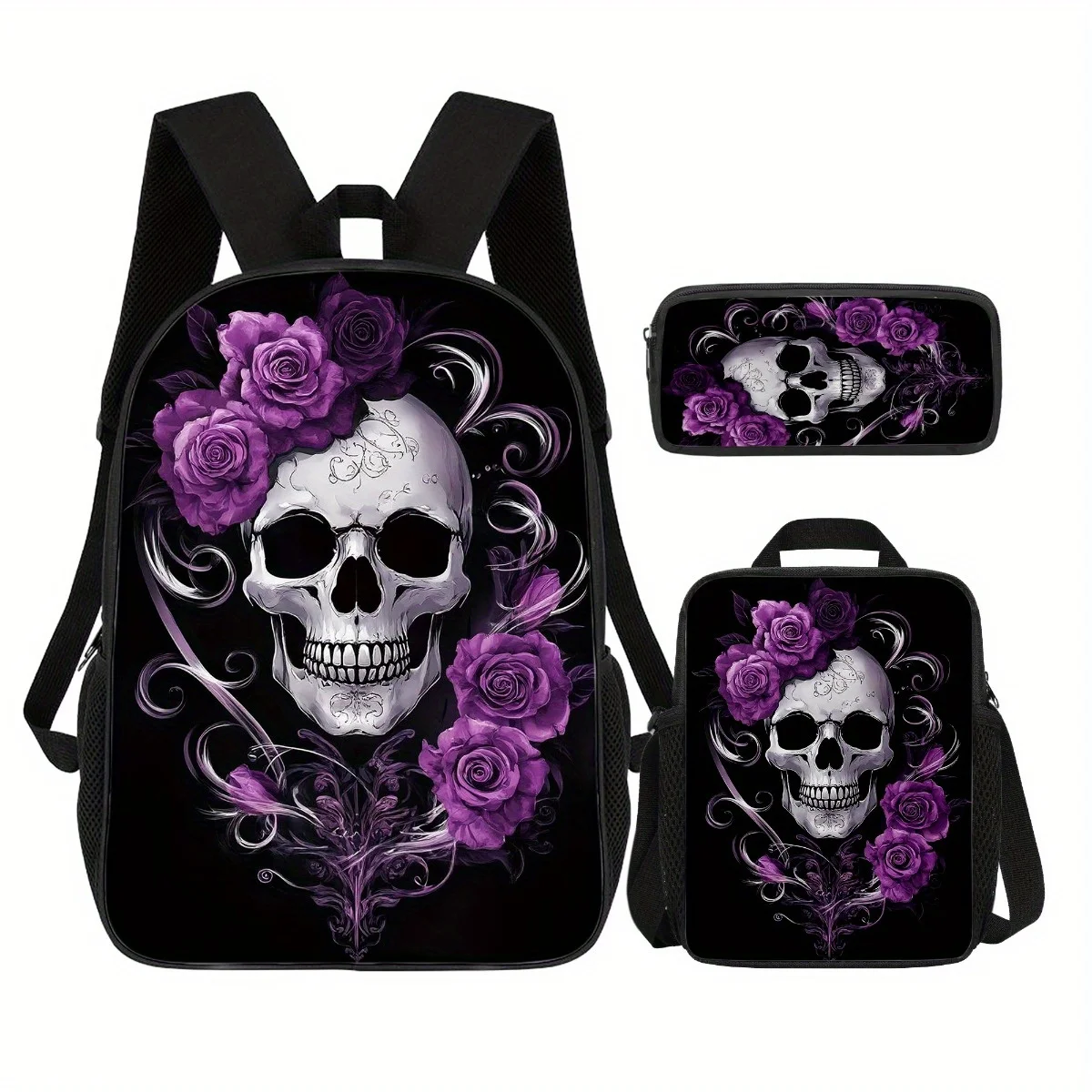 

3pcs Backpack Set with Flowers Skull Design Durable Large-Capacity Bookpack Insulated Lunch Bag Multi-Functional Pencil Case