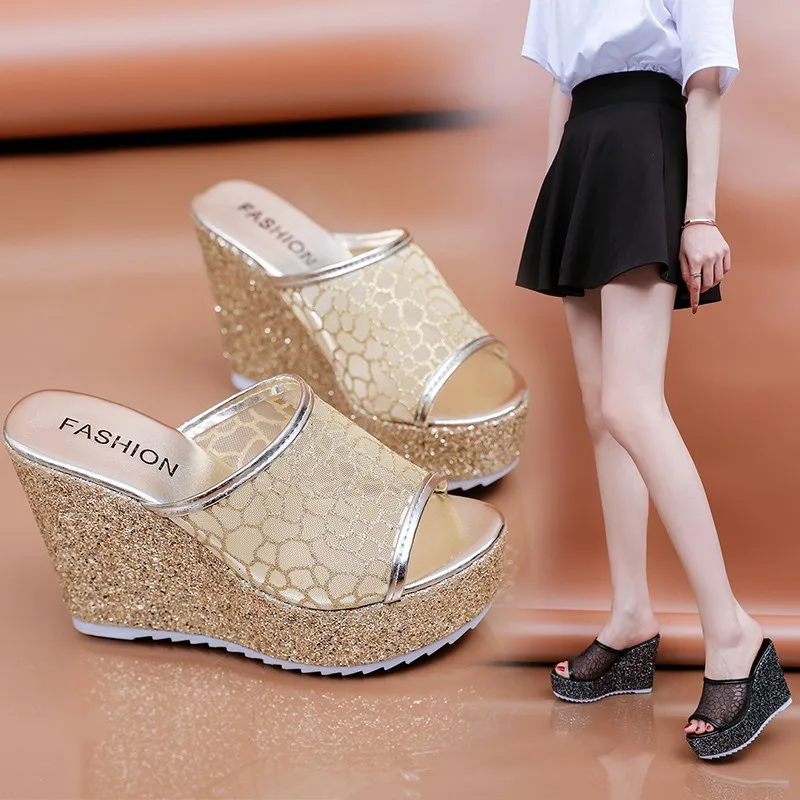 

Bling Golden Women Slippers Summer Shoes Platform(4cm) Outside Fitting-room 11cm High Heels Wedges Solid Mesh Female Slides