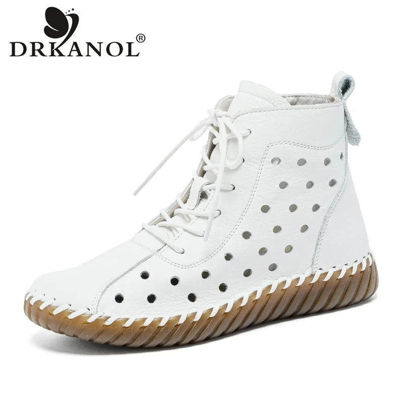 DRKANOL Women Flat Ankle Boots Summer Hollow Out Breathable Genuine Cow Leather Concise Solid Color Handmade Sewing Cool Boots