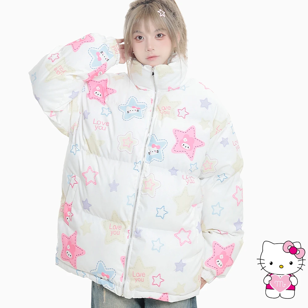 Sanrioed Y2K Hello Kitty Women Down Jacket Anime Kawaii Winter Cotton Jacket Thickened Warm Coat Student Tops Loose Cute Sweet