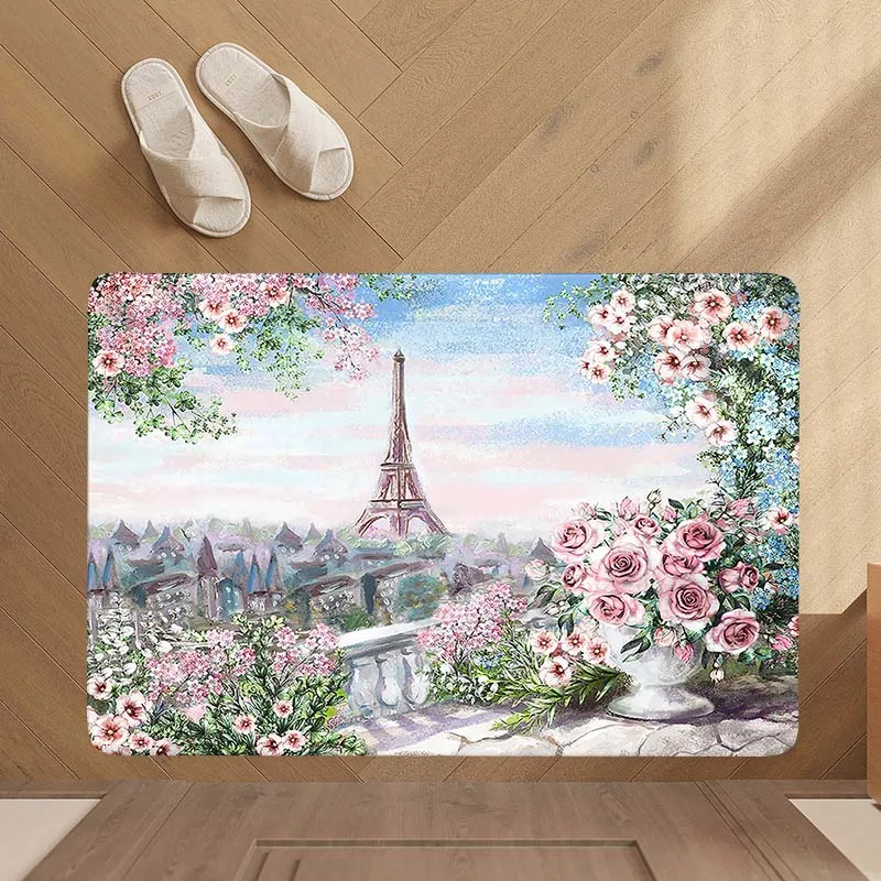 Vintage Paris Tower Floor Mat Flange Carpet Soft Non Slip Mat Living Room Bedroom Bathroom Entrance Universal Floor Mat