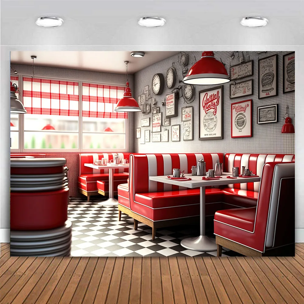 50s American Diner Backdrop Vintage 1950s Cafe Fast Food Soda Shop Restaurant Club Bar Dining Background Birthday Party Decor