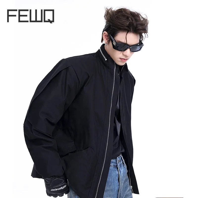 

FEWQ Men's Metal Zipper Collar Design Jacket Stand Up Collar Solid Color Long Sleeve 2024 Male Tops Korea Fashion 24E1905