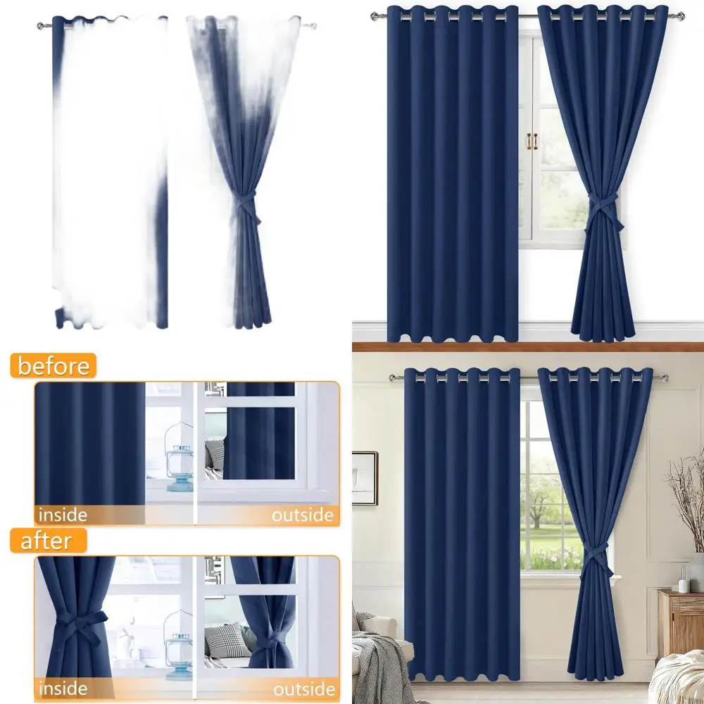 

Thermal Insulated 70x84 Navy Curtains, Energy Saving for Bedroom & Living Room, Set of 2 Panels with Tiebacks