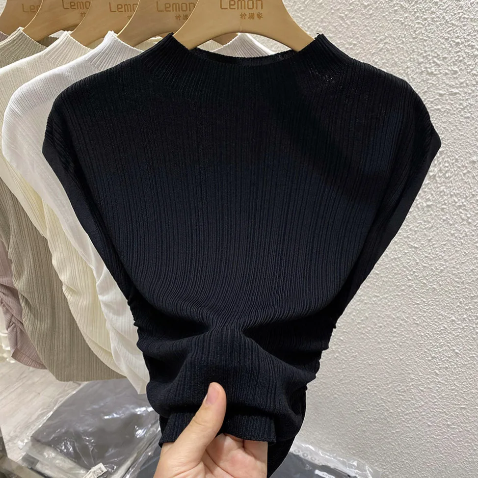 2026 Spring Summer Ice Silk Knit T-Shirt Half High Neck Waist Slimming Unique Design Slim Fit Short Sleeve Inner Tops