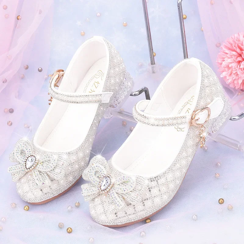 Spring Girls\' High Heels Silver Rhinestone Pearl Princess Shoes Children\'s Leather Shoes Kids Crystal Performance Shoes