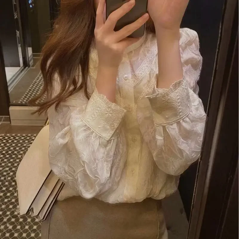 

Women 2023 Fall Half High Collar Lace Inner Shirt Blouse New Long-sleeved Slim Body Bottoming Shirt Tops Women Apricot Shirts