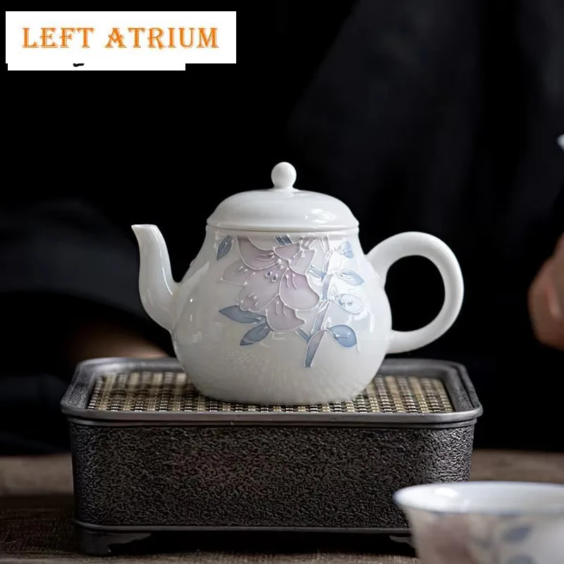 

170ml Handmade Engrave Lily Porcelain Teapot Retro Tea Infuser Pot Tea Brewing Kettle with Ball Hole Teaware Supplies Decoration