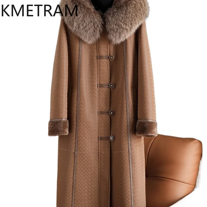 

KMETRAM Natural Sheepskin with Wool Atttached Fur Coat Fox Fur Collar Long Woman Clothing Hooded 2025 Winter New Jacket пальто