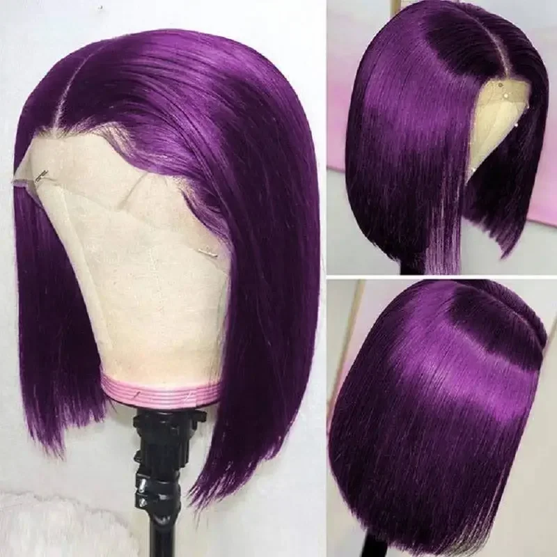 Hot Sale Dark Purple Short Bob Human Hair Wig Transparent 13x4 Lace Front Glueless Wig 2026 Cosplay Good Quality Fashion Beauty