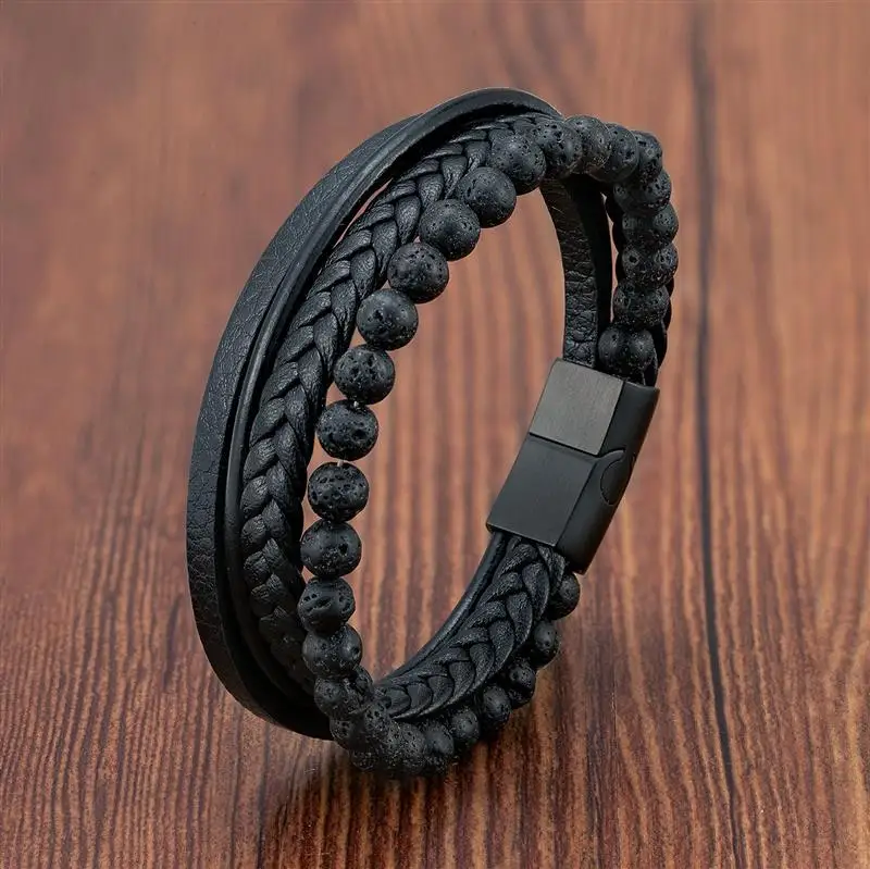 Fashion Volcanic Stone Beaded Bracelet Mutilayer Braided Leather Bracelet For Men Stainless Steel Magnetic Bangle Jewelry Gift
