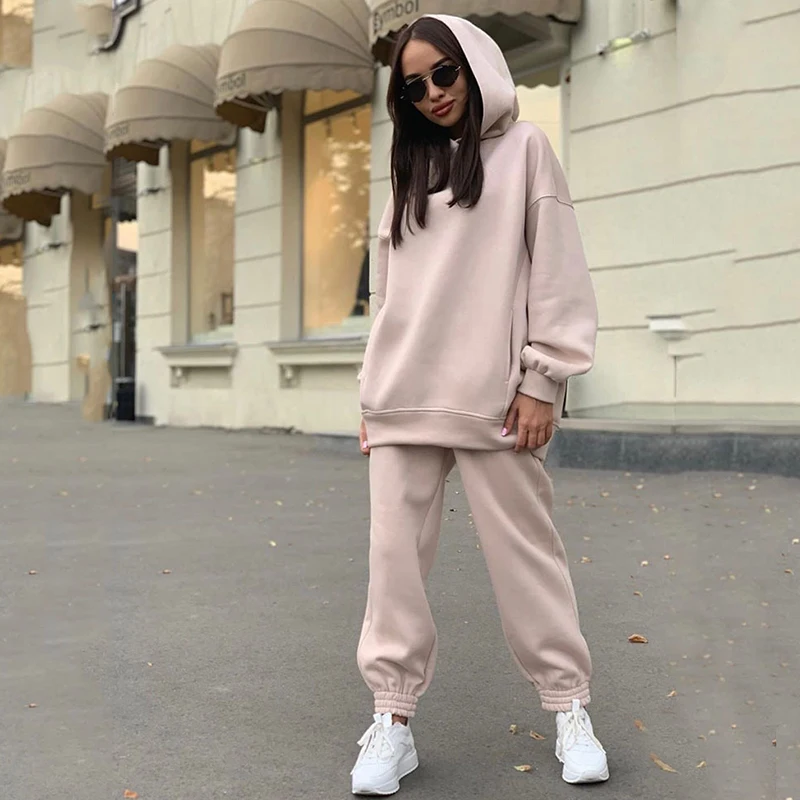 

Set 2023 Casual Sportswear Suit Women Solid Color Warm Hoodies Loose Pants Sets Fall Winter Sports Pullovers Trousers 2 Piece