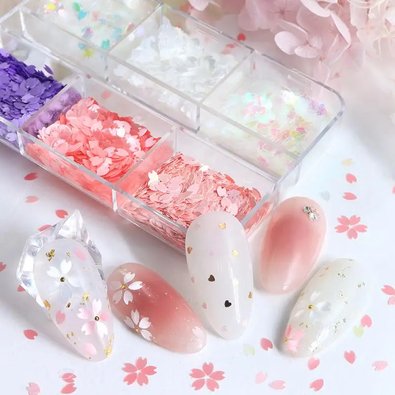 กลิตเตอร์ตกแต่งเล็บลายกลีบดอกซากุระ 6/12 ช่อง ผงเล็บโฮโลแกรมประกายมุกหลากสีสัน