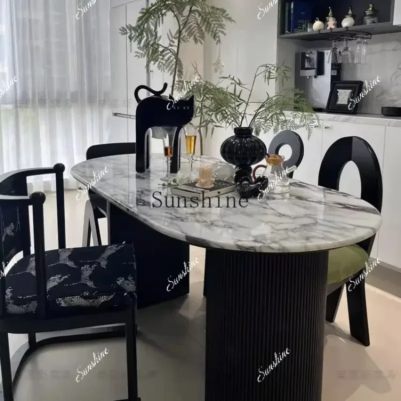 

French marble light luxury modern high-end dining table small apartment household cream style FT