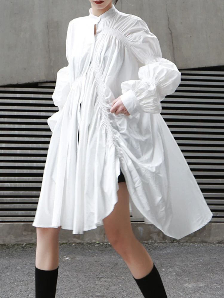 [EAM] Women Blue Irregular Pleated Big Hem Shirt Dress New Stand Neck Long  Sleeve Loose Fashion Tide Spring Autumn 2026 1DF9549