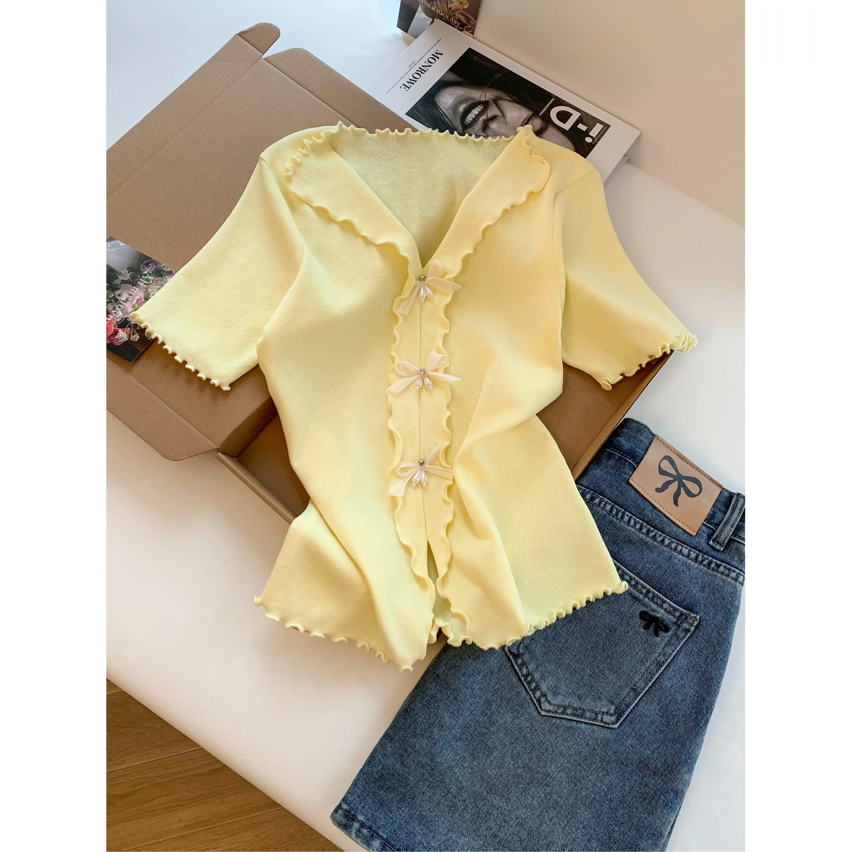 

Pink Lace Collar Short Sleeve Knitted T-Shirt Women Summer Lazy Design Knot Slit Top Casual Style Slim Fit Soft Fabric