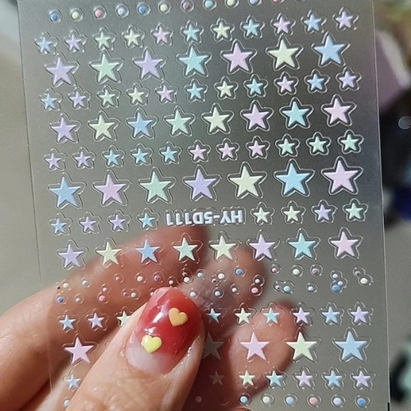 Cute Cartoon 5D Nail Stickers Embossed Kids Nail Art Decals with Stars Heart Designs for DIY Manicure Decorations Nail Supplies