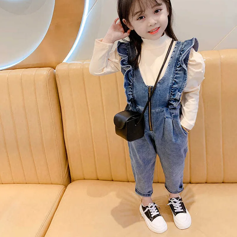 1 Piece Girls\' Denim Jumpsuits 2021 Spring Autumn New Trousers Children\'s Ruffles Overalls Girl Fashion Loose Denim Suspenders