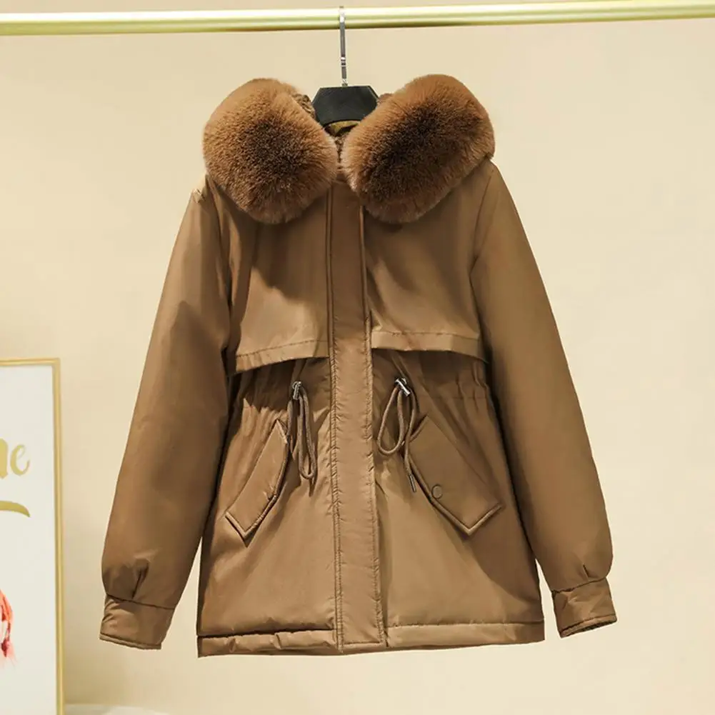 Women Polyester Coat Stylish Winter Women's Jacket with Furry Hood Drawstring Waist Pockets Mid Length Windproof Coat for Warmth