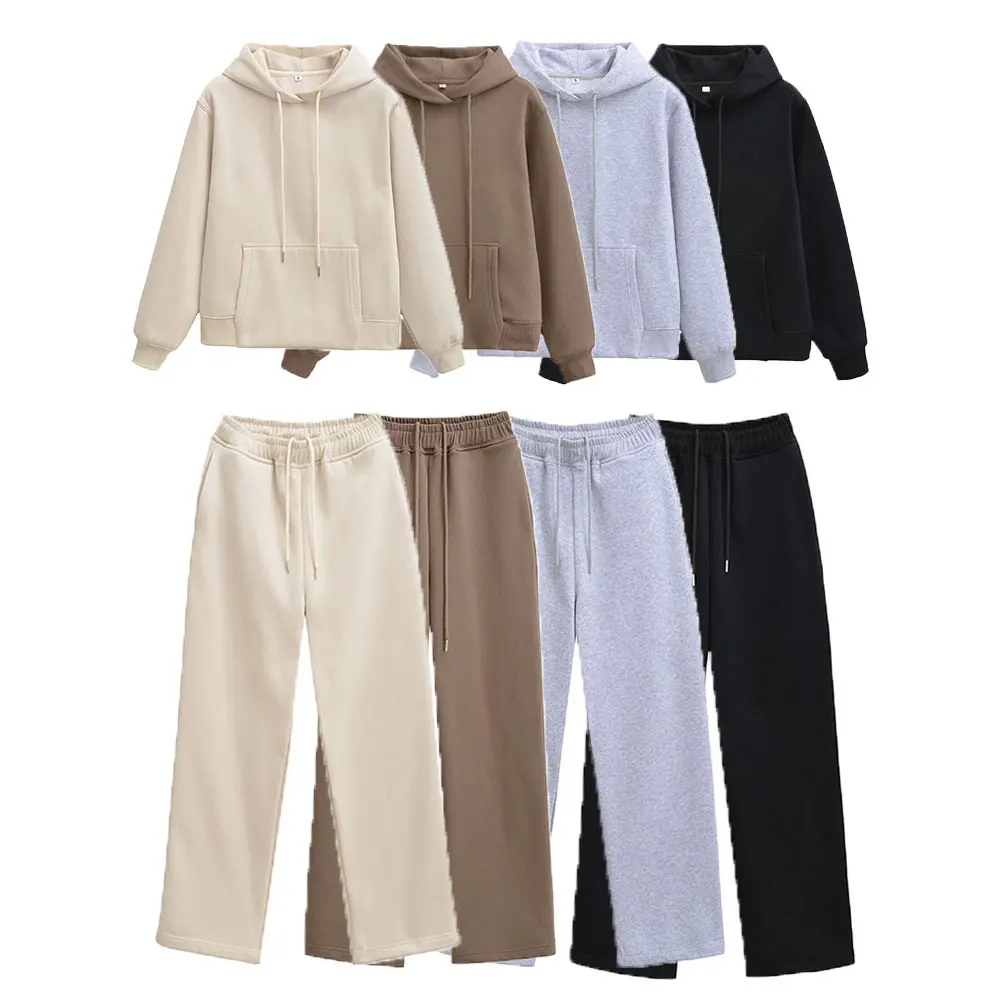 HH Frauen Casual Solide Hoodies Hosen Sets Langarm Pullover Sweatshirts Mantel Kordelzug Breite Bein Hosen Büro Dame Anzüge – Detail 3