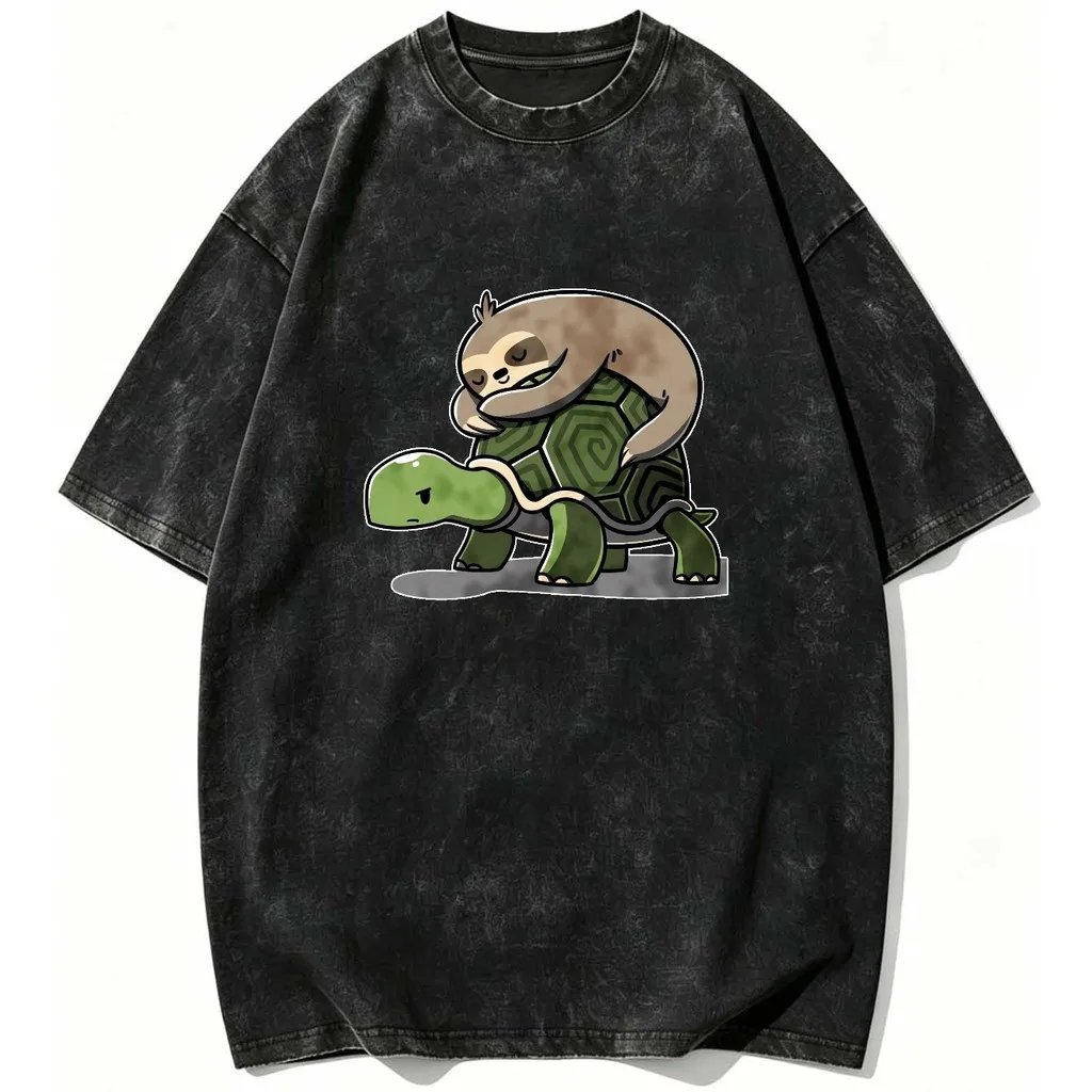 CLOOCL Sloth Riding Turtle Printed T-shirt Premium Heavyweight Retro Washed Tees Harajuku  Summer Short Sleeved Top Unisex Style