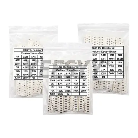 200pcs 660pcs 720pcs 4000pcs 0402 0603 0805 1206 1210 2512 smd resistor kit assorted kit 10k 100k 1k 1r 100r 220r 1% 5%