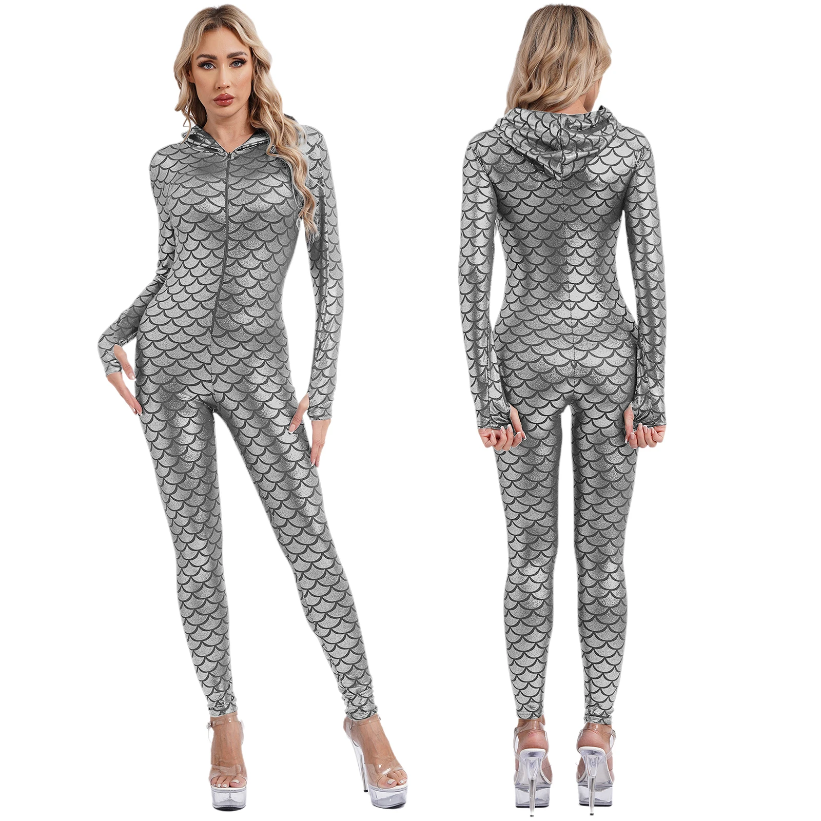 Women Shiny Fish Scale Print Hooded Jumpsuit Halloween Party Mermaid Cosplay Costume Nightclub Clubwear Swimwear Surfing Unitard