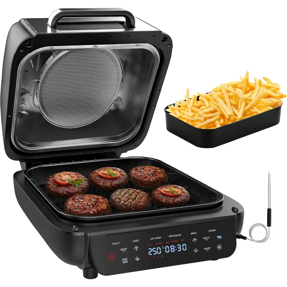 Electric Steak Grill 12-in-1, 1800W Power Grill with Smart Thermometer, Non-stick Dishwasher-safe Plates, Steak Grill