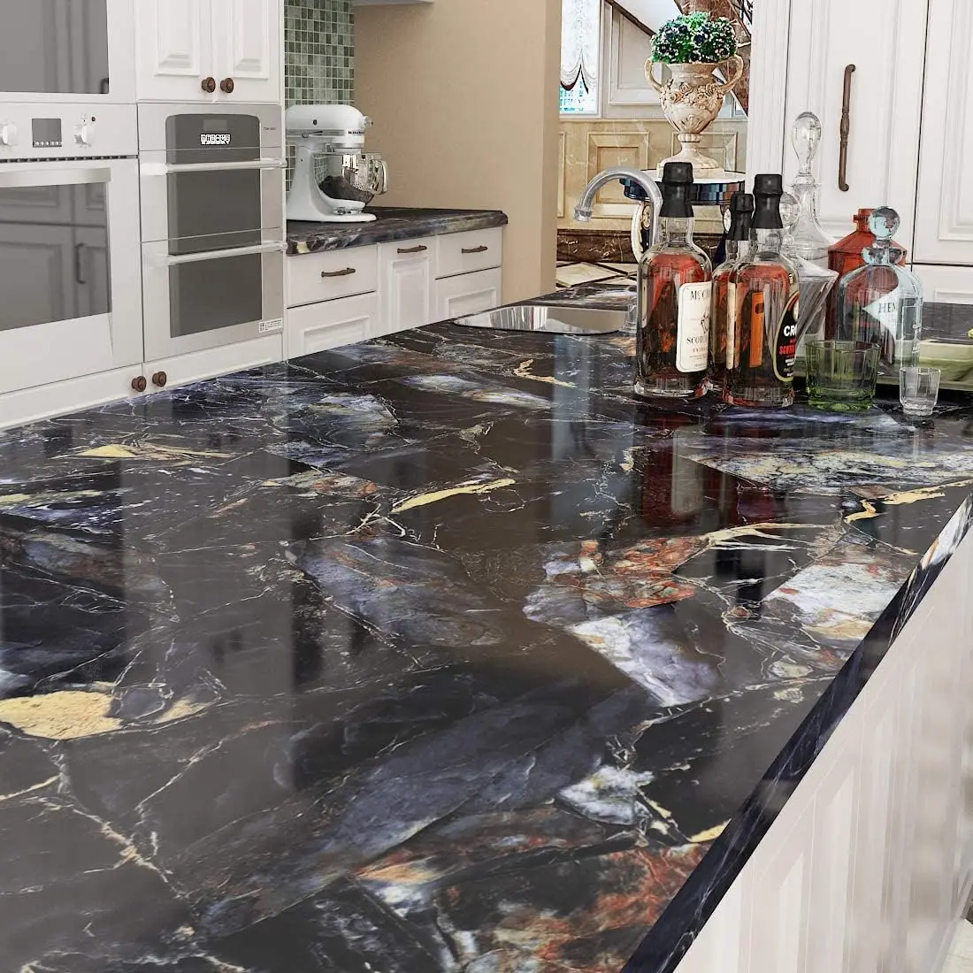 elynine 197 X 36 Inch Contact Paper Black And Gold Marble Countertop Peel And Stick Waterproof Countertops For Kitchen Table