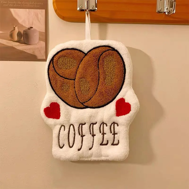 Cute Thickened Coral Fleece Coffee Hanging Hand Towel Soft Embroidered Kitchen Children's Towel Handkerchief for Home
