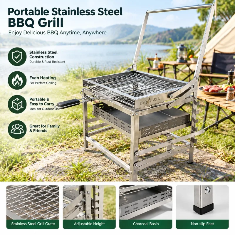 2026 New (bulk Version/skewer Version) Flip Style Stainless Steel BBQ Grill Desktop Outdoor Adjustable Height  Barbecue Grill