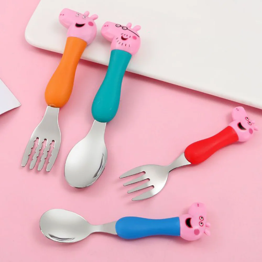 

Peppa Pig Cartoon Cutlery Set Stainless Steel Spoon Fork George Pig Dad Mom Tableware Anime Doll Dinnerware Dinner Set for Kids