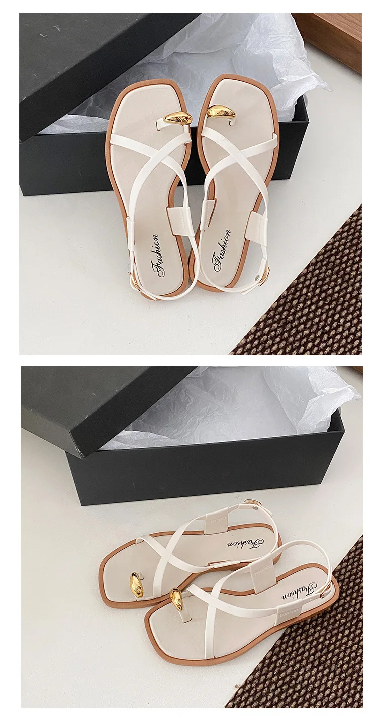 2026 Damen Sandalen mit flachem Absatz, Zehenclip, lässige Römersandalen, Sommer, schmaler Riemen, Knöchelschnalle, Strandschuhe für Damen – Detail 17