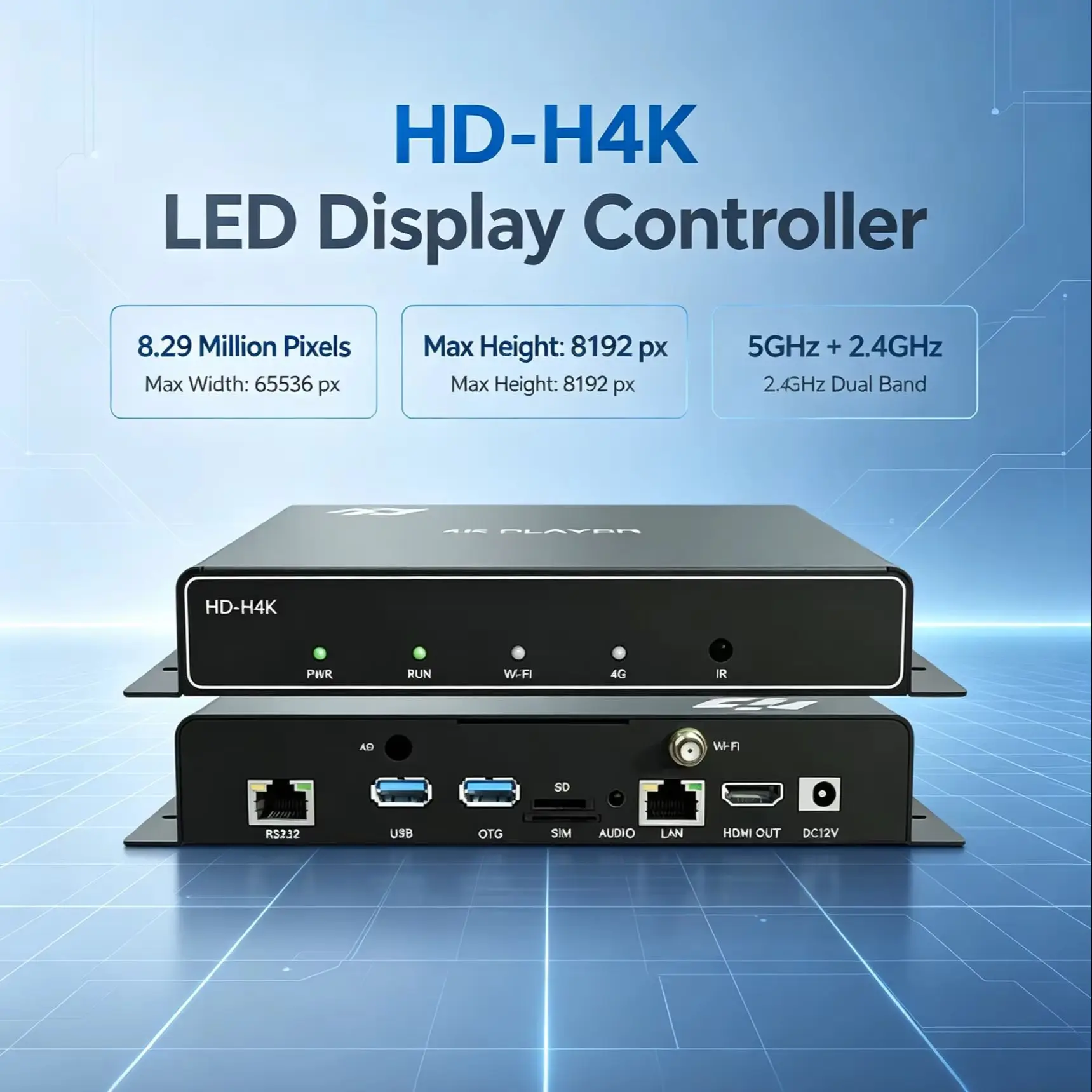 HD‑H4K LED Video Controller 8.29MP Asynchronous Max 65536×8192 Resolution 2.4G&5G Dual‑Band WiFi LED Screen Display Player Box