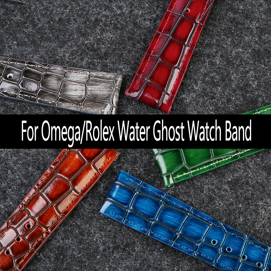 18mm 20mm 22mm Blue Bright Leather Strap For Omega Rolex Water Ghost Seiko Casio Tissot Crocodile pattern Cowhide Men Watch band