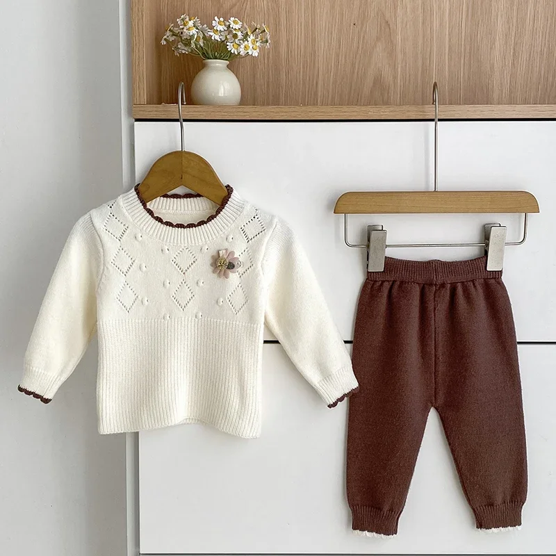 

Модные комплекты одежды для маленьких девочек 0-3 лет, вязаный костюм для маленьких девочек, вязаный свитер с цветочным принтом + брючный костюм, комплект из 2 предметов, вязаные спортивные костюмы для маленьких девочек