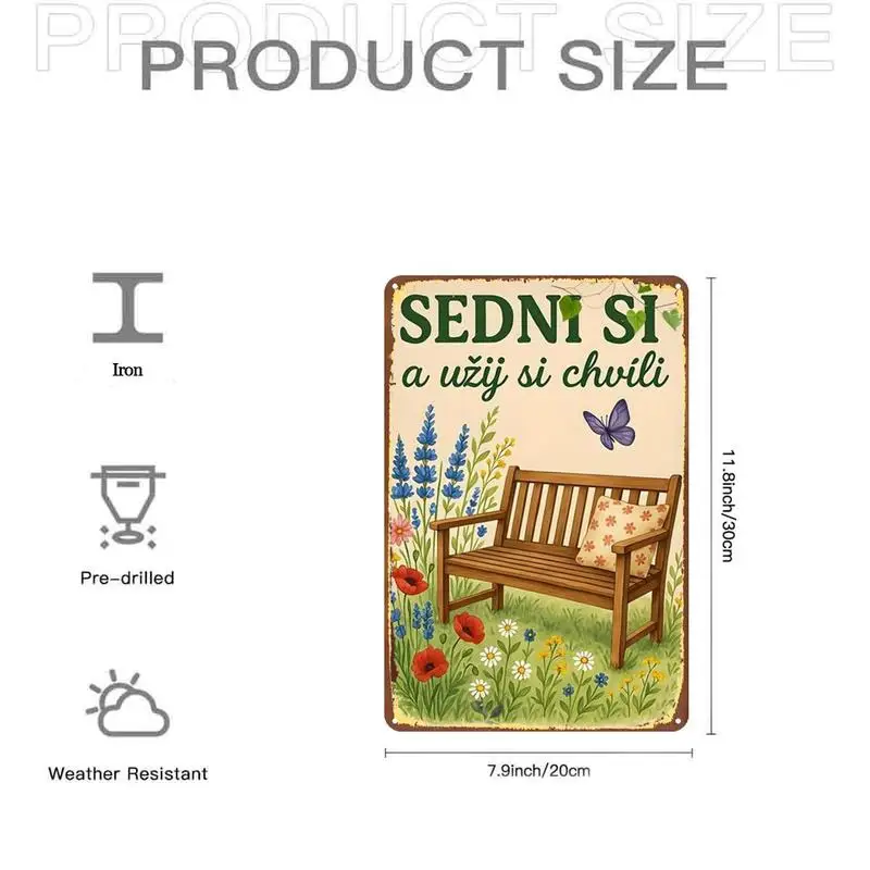 Fun garden bench with floral cushions and metal iron sign，Pre-drilled holes，Suitable for indoor use、Garden、Outdoor