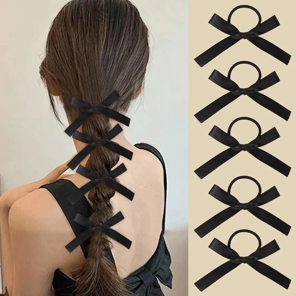 Conjunto de 5 Elásticos de Cabelo Pretos com Laço para Mulheres e Meninas, Acessórios Clássicos para Uso Diário