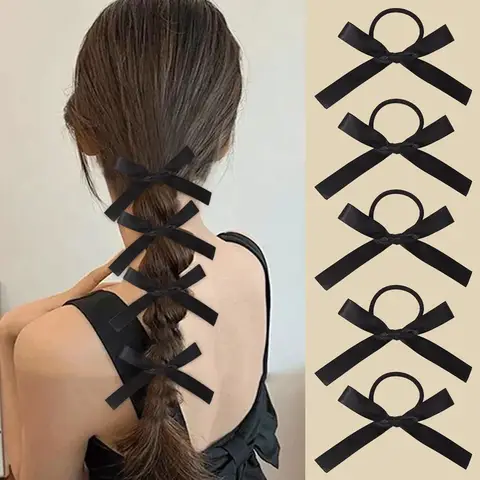 5Pcs/set Women Black Bowknot Elastic Hair Rubber Band for Girls Classic Bows Hair Ties Head Rope Hair Accessories Daily Use