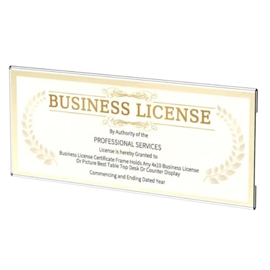 Business License Frame, 1 pcs Acrylic Clear Certificate Holder for 4x9 Business License Certificate Desk/Table Top Display, 4x0