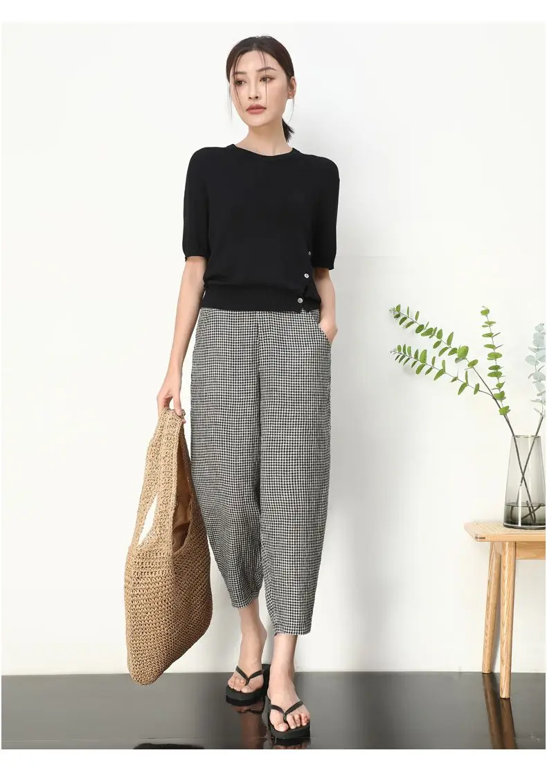 Checkered Cropped Pants For Women's 2026 Summer New Korean High Waisted Loose Drape Wide Leg Harlan Casual Pants