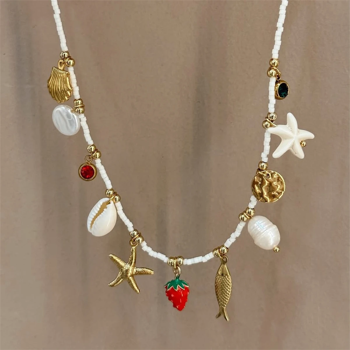 

Bohemian Beach Shell Necklace Imitation Pearl Sea Star Conch Pendant Necklace Jewelry Gold Plated Color Preserved