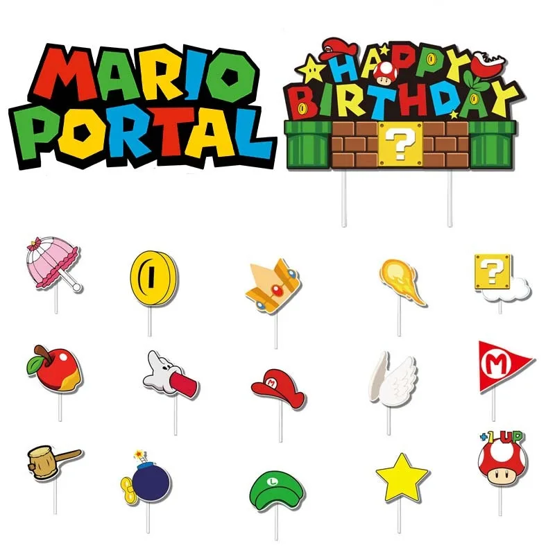 16pcs/set Super Mario Cake Flag Decorations Theme Cake Toppers Banner Flag Decorations Birthday Events Party Layout Supplies new