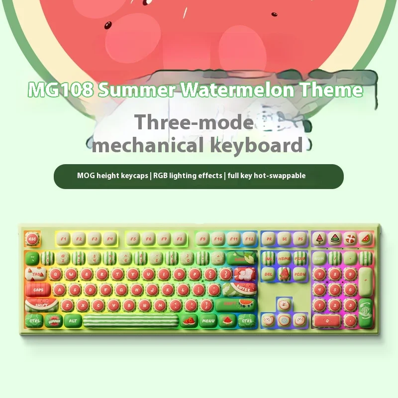 Stylish  Watermelon Bluetooth Mechanical Keyboard, Wireless Triple-Mode for Girls, High Compatibility with Notebooks, Desktops