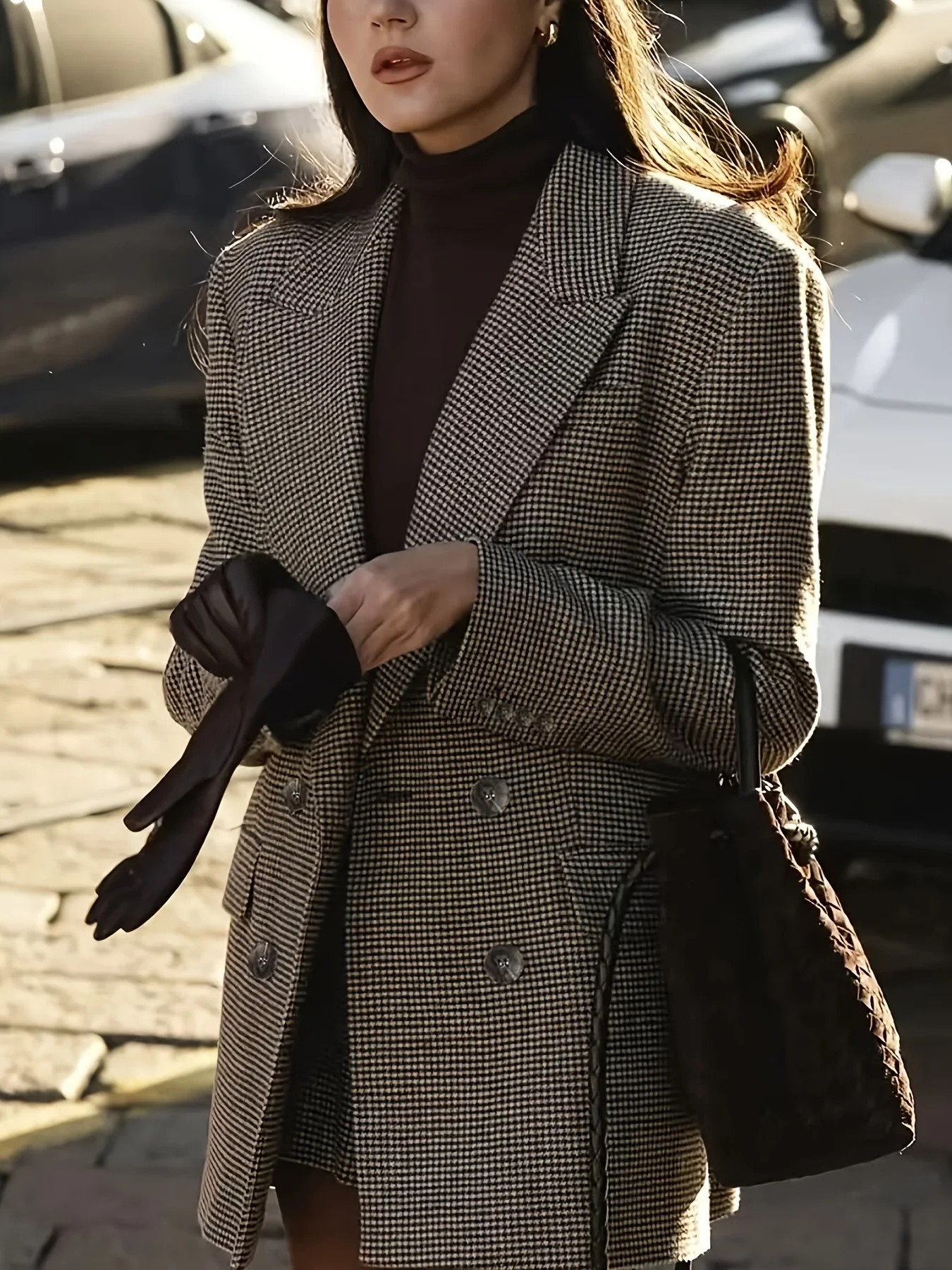 Elegancka damska marynarka w stylu angielskim (tylko marynarka, bez spodni) - dwurzędowa marynarka w kratę, luźny długi płaszcz, str