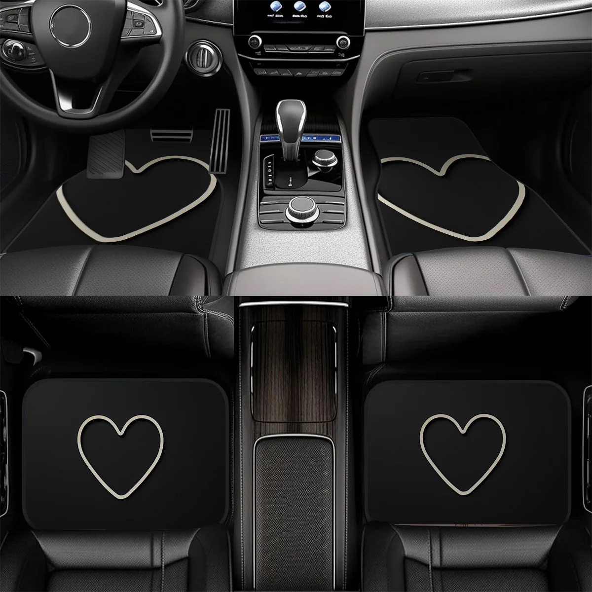 4pcs White Heart Pattern Car Floor Mats - Durable Polyester, Fit For Sedans & SUVs, Protects The Car'S Bottom, Stylish Interior