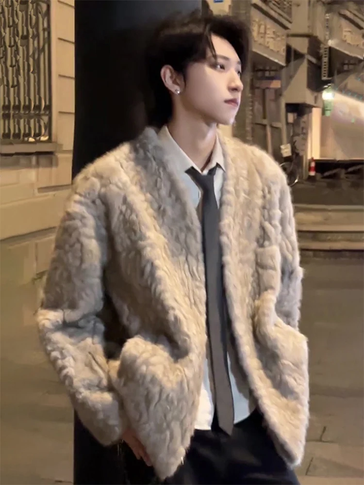 Men's Winter V Neck Fur-lined Faux Fur Coat Thickened Cotton-padded Warm Insulated Jacket Stylish Outerwear Chic Parkas
