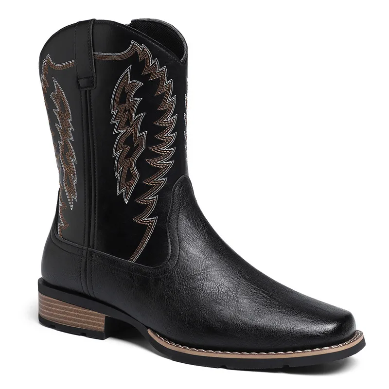 Men High Boot Luxury Embroidery Retro Handmade Men Boots Western Cowboy Pointed Toe Boots Hand Stitching Outdoor Mid-Calf Shoes