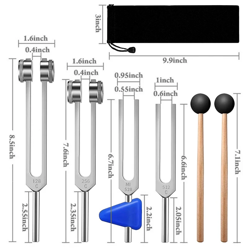 4PCS Lot Tuning Fork Set (128Hz 256Hz 512Hz 528Hz) with Mallet Chakra Massager Hammer for Sound Healing Therapy Vibration Tool